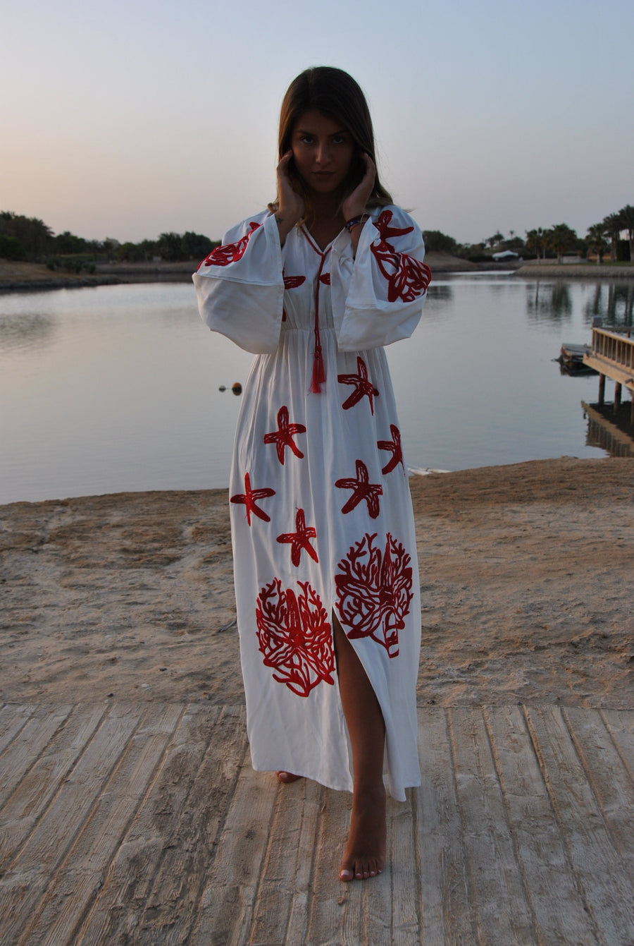 White starfish embroidered caftan, Cotton caftan dress, Africa women clothing, caftans for women, Plus size Kaftan, Boho summer caftan