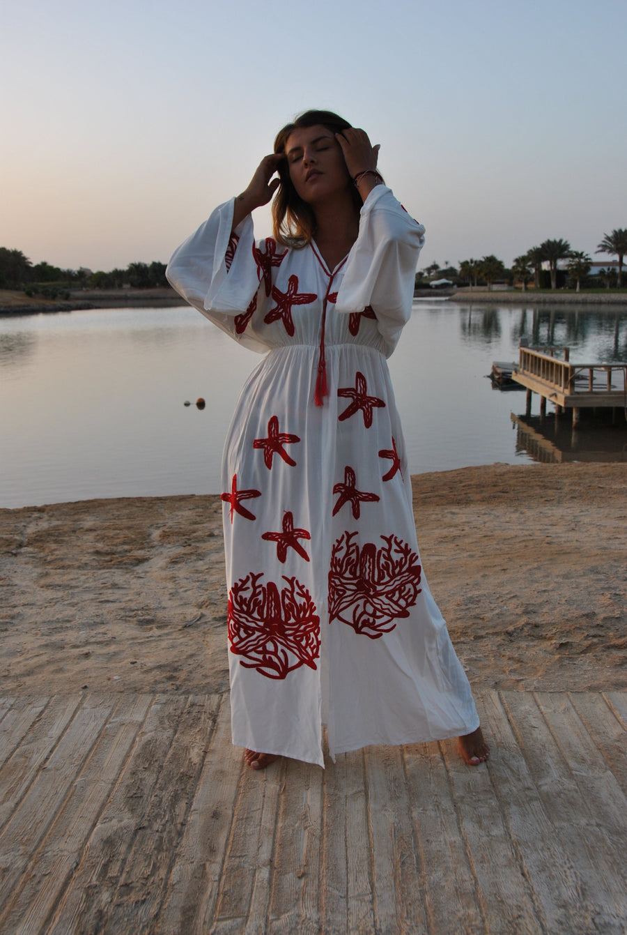 White starfish embroidered caftan, Cotton caftan dress, Africa women clothing, caftans for women, Plus size Kaftan, Boho summer caftan