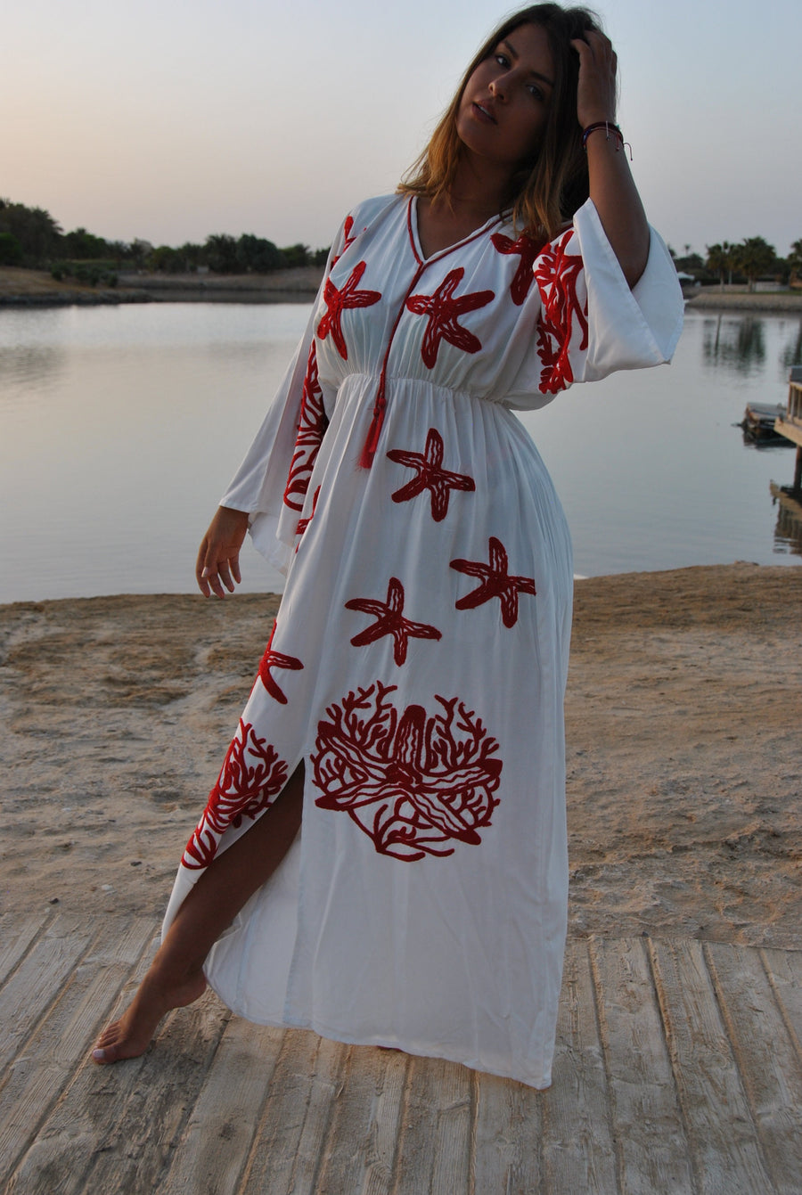 White starfish embroidered caftan, Cotton caftan dress, Africa women clothing, caftans for women, Plus size Kaftan, Boho summer caftan