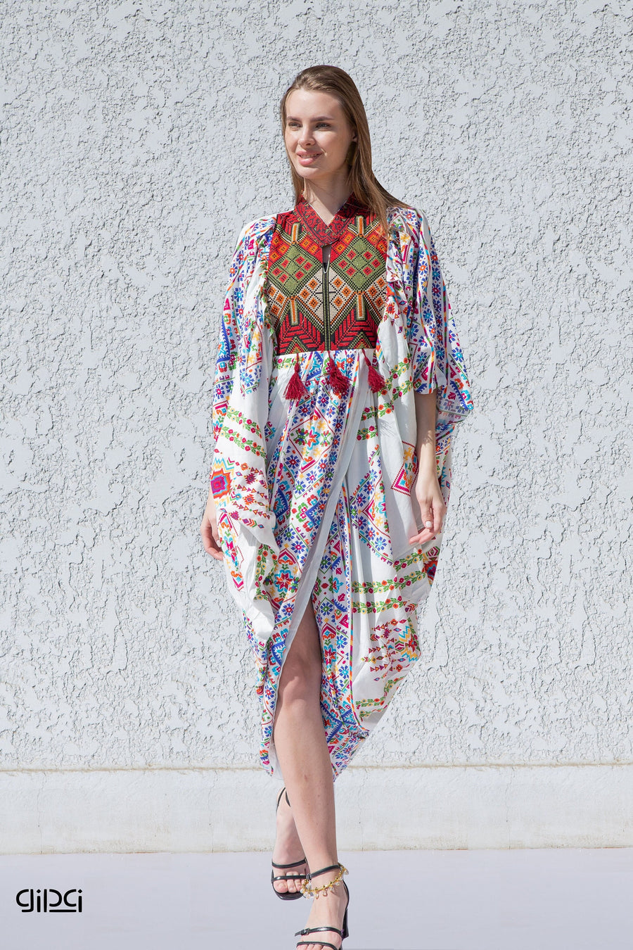 White open slit summer Caftan dress with pompons, Caftans for women, Loose fit caftan, Egyptian cotton caftan, Plus size kaftan