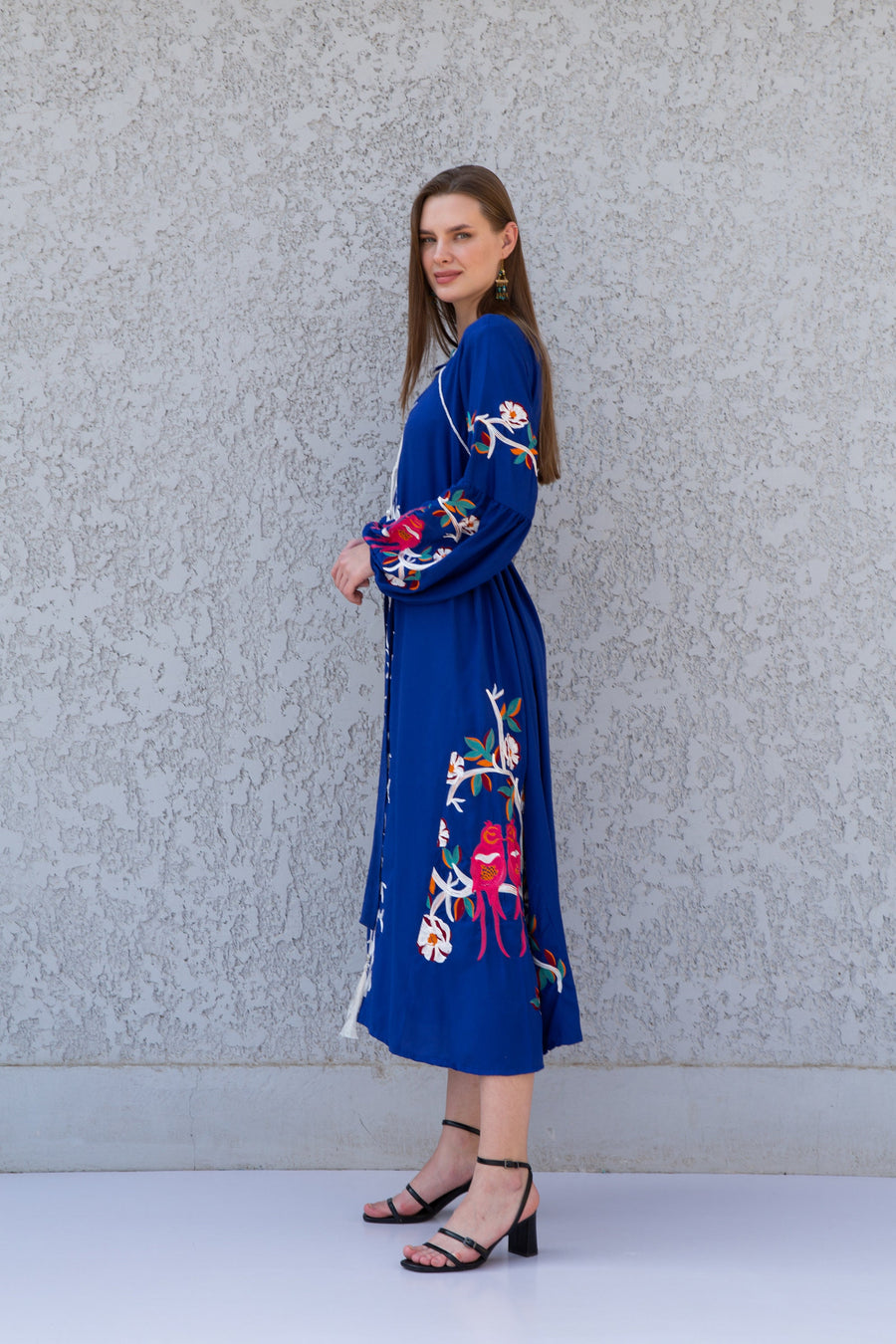 Midi Blue cotton kaftan dress, embroidered tunic dress, embroidered tunic kaftan, Egyptian cotton. Summer, party, casual, home