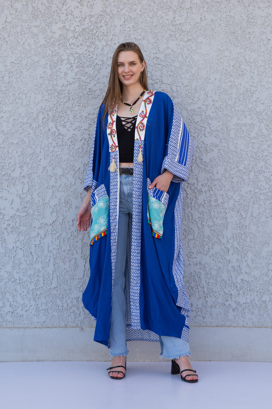 Blue Boho embroidered Kimono, Embroidered overside Cardigan, Boho Kimono, Womens boho Cardigans, Boho Cardigan, Duster, Blue Cardigan