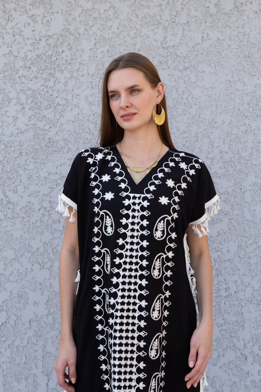 Black Tunic cotton kaftan dress, Bohemian embroidery tunic dress, embroidered tunic kaftan, Egyptian cotton. Summer, casual, home dress