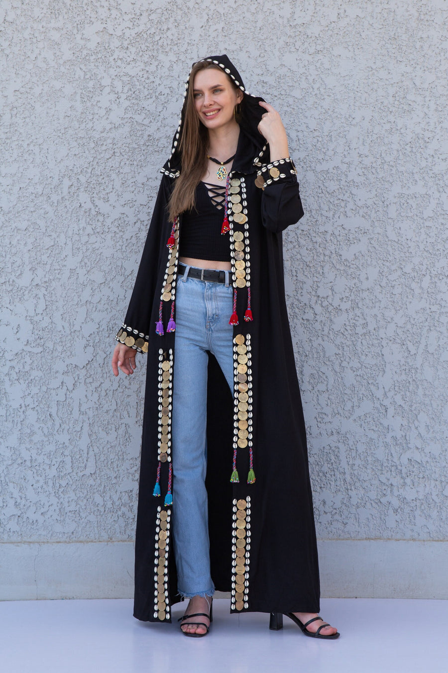 Black accessorized cotton Kimono/coat, Cotton coat with hand stitched beads, coins, Boho summer coat, cardigans for women, Summer Kimono