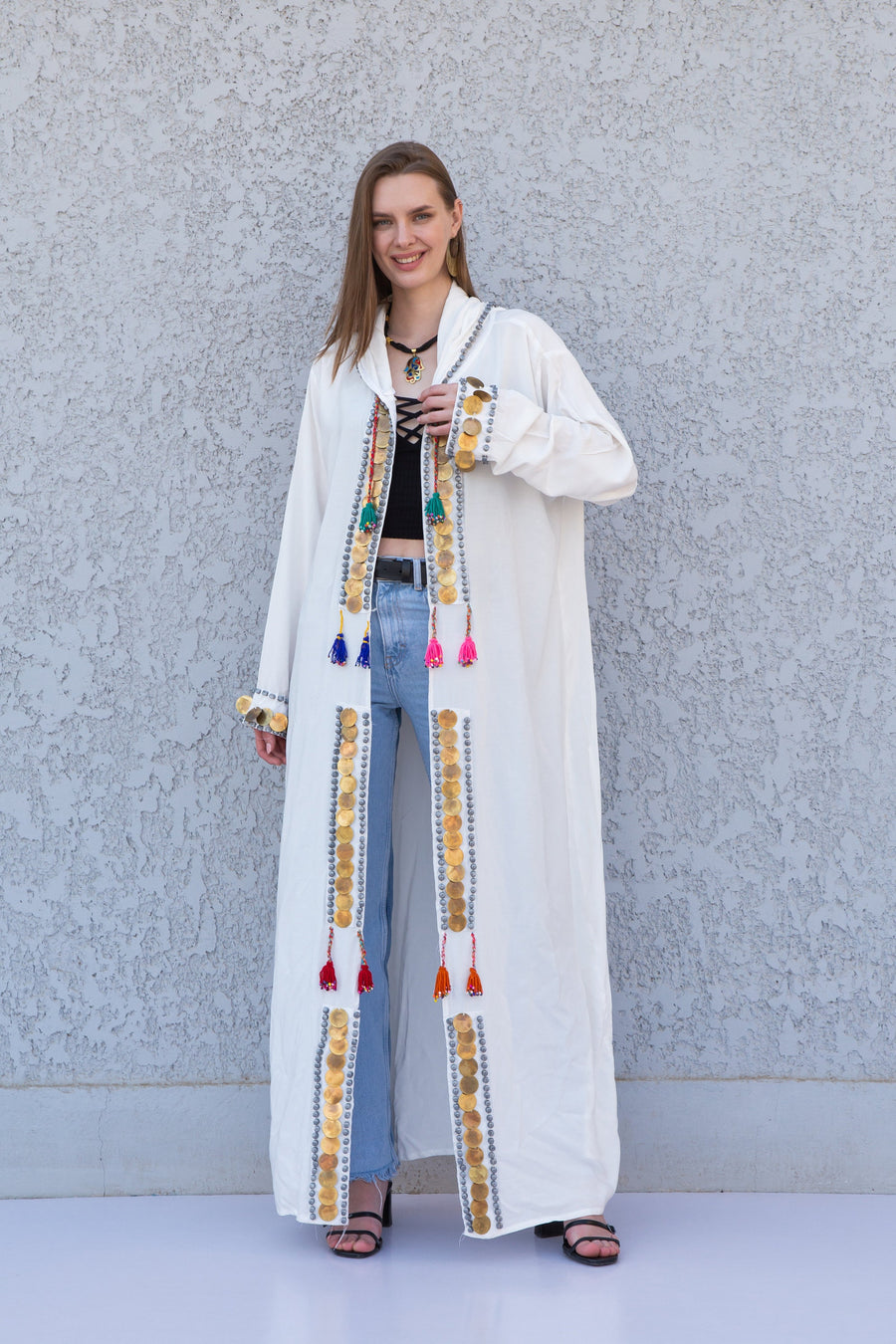 White accessorized cotton Kimono/coat, Cotton coat with hand stitched beads, coins, Boho summer coat, cardigans for women, Summer Kimono