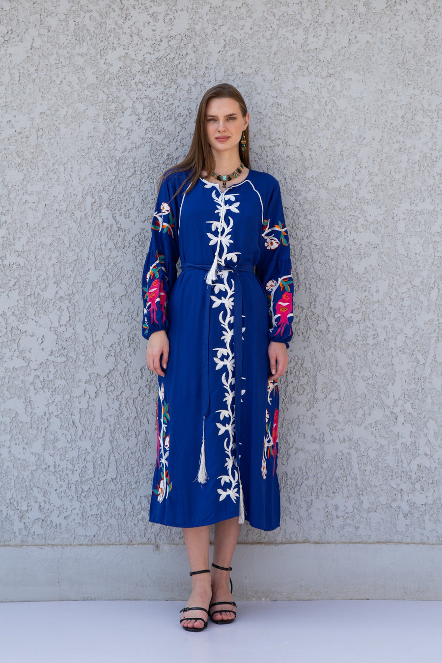 Midi Blue cotton kaftan dress, embroidered tunic dress, embroidered tunic kaftan, Egyptian cotton. Summer, party, casual, home