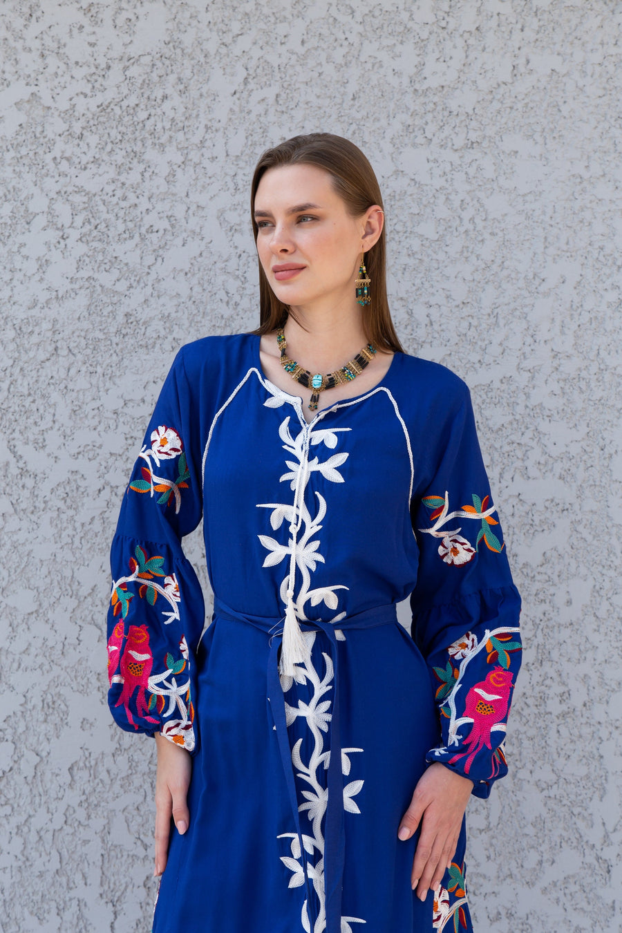 Midi Blue cotton kaftan dress, embroidered tunic dress, embroidered tunic kaftan, Egyptian cotton. Summer, party, casual, home