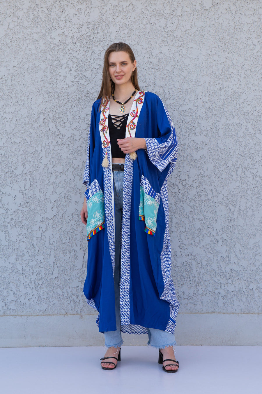 Blue Boho embroidered Kimono, Embroidered overside Cardigan, Boho Kimono, Womens boho Cardigans, Boho Cardigan, Duster, Blue Cardigan