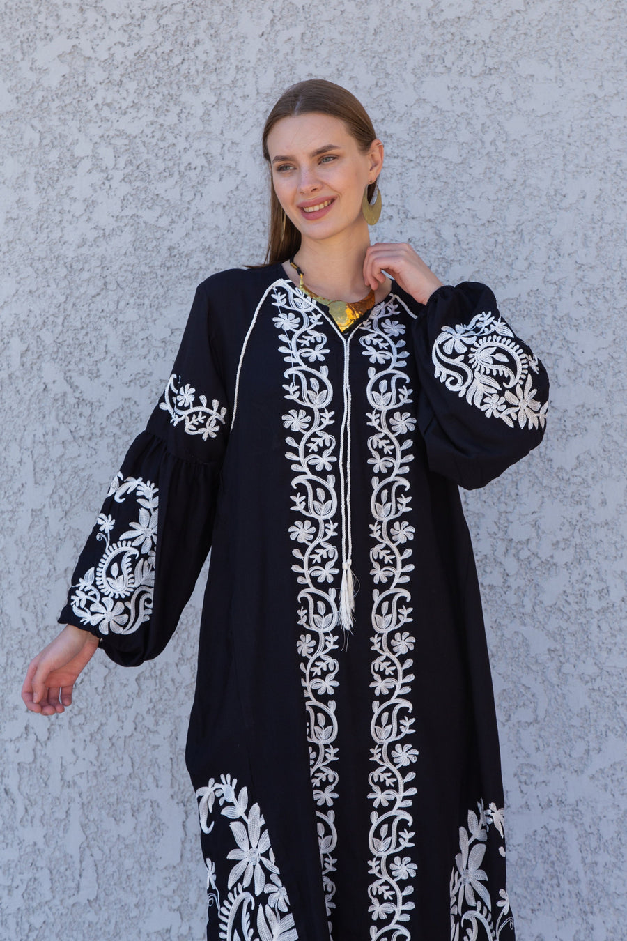 Chic Midi Black cotton kaftan dress, embroidered tunic kaftan dress, caftans for women, Egyptian cotton. Summer caftan, party, casual dress