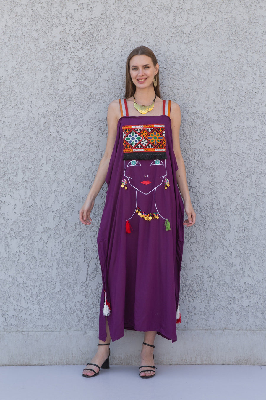 Stunning Purple strap embroidered caftan dress, Cotton caftan dress, Caftans for women, Loose fit caftan, caftans for women, Egyptian cotton