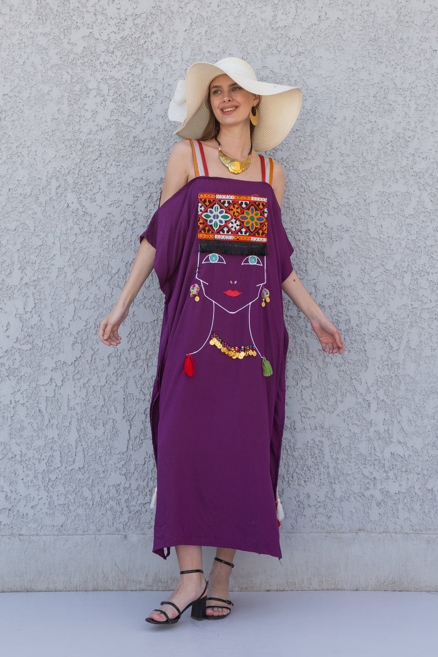 Stunning Purple strap embroidered caftan dress, Cotton caftan dress, Caftans for women, Loose fit caftan, caftans for women, Egyptian cotton