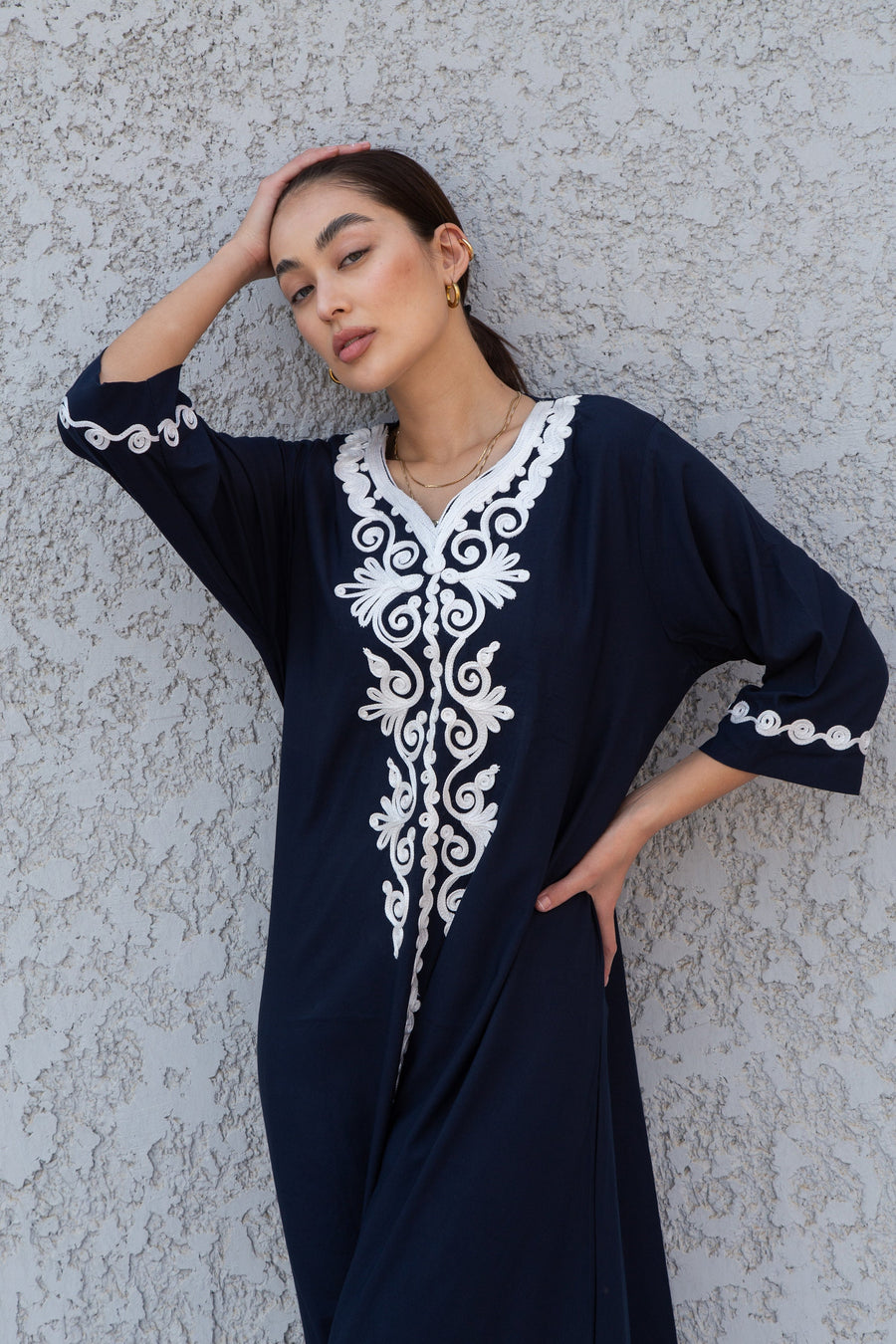 Stunning Navy Blue hand embroidered Kaftan maxi dress, Kaftan maxi, Cotton caftan women, caftan, Chic embroidered caftan, Egyptian 10-23