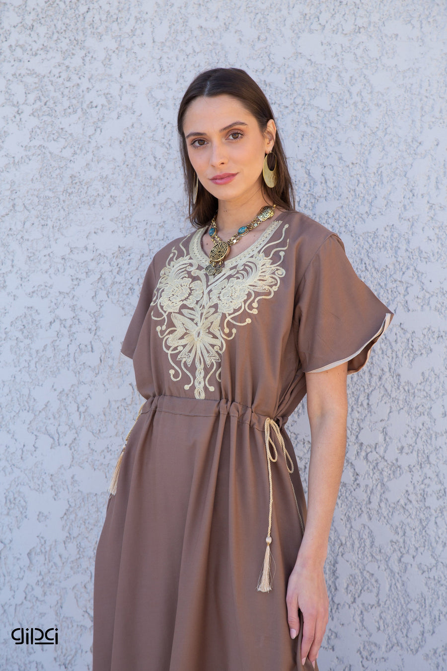 Short Brown Tunic kaftan dress, Bohemian embroidery tunic dress, embroidered tunic kaftan, Egyptian cotton. Summer, casual, home dress