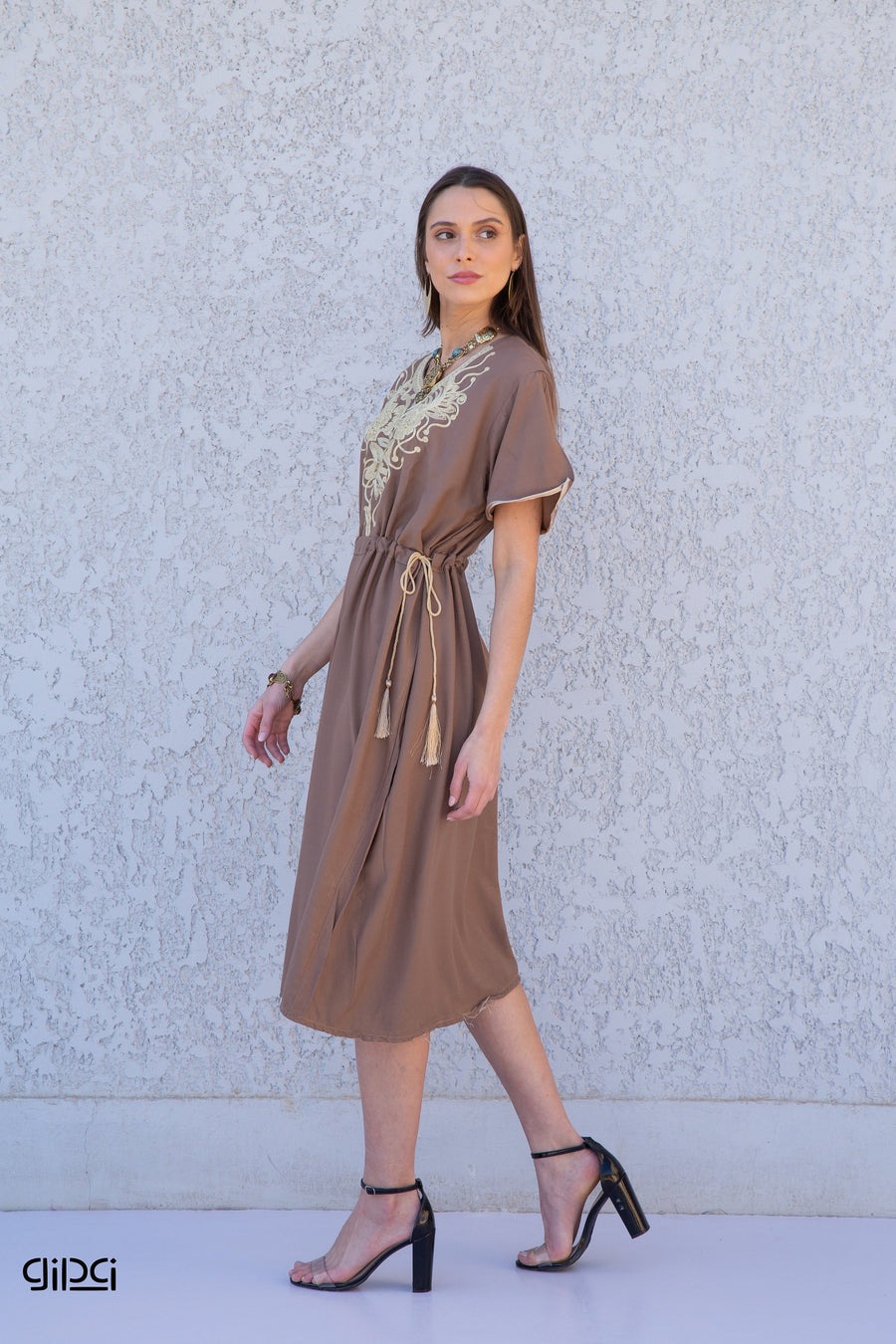 Short Brown Tunic kaftan dress, Bohemian embroidery tunic dress, embroidered tunic kaftan, Egyptian cotton. Summer, casual, home dress