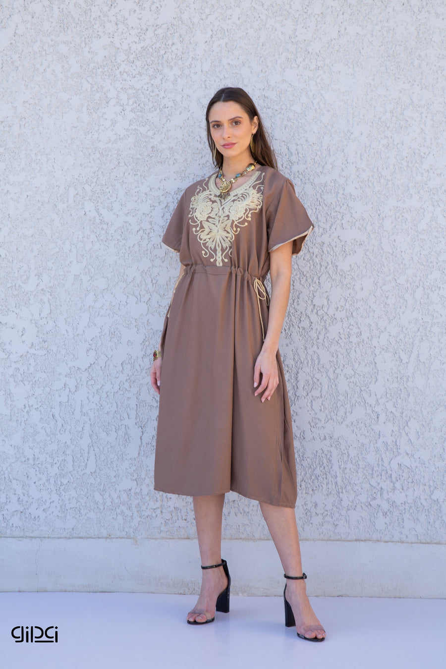 Short Brown Tunic kaftan dress, Bohemian embroidery tunic dress, embroidered tunic kaftan, Egyptian cotton. Summer, casual, home dress
