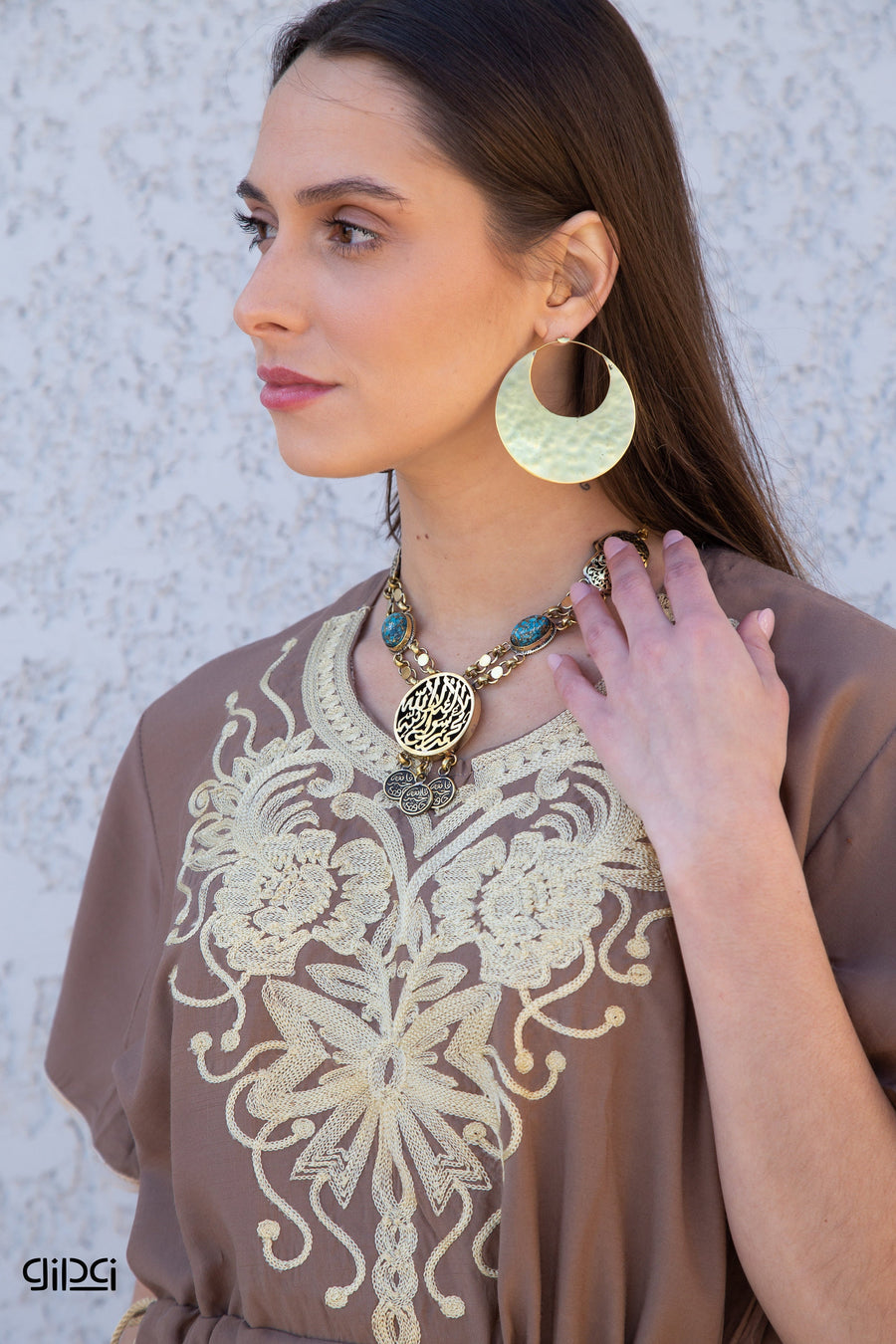 Short Brown Tunic kaftan dress, Bohemian embroidery tunic dress, embroidered tunic kaftan, Egyptian cotton. Summer, casual, home dress