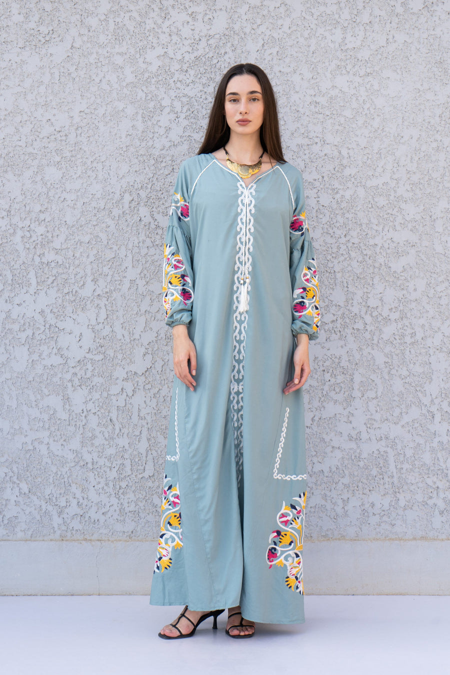 Boho Mint Kaftan maxi dress, Long sleeve cotton Kaftan dress, Colorful embroidered Kaftan dress, kaftan maxi, Caftans for women, Caftans
