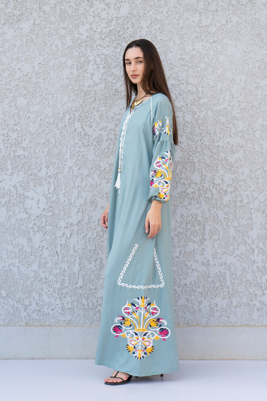 Boho Mint Kaftan maxi dress, Long sleeve cotton Kaftan dress, Colorful embroidered Kaftan dress, kaftan maxi, Caftans for women, Caftans