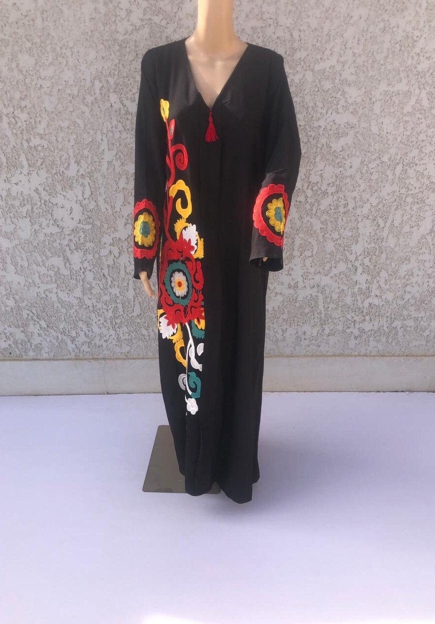 Black flower embroidered Caftan with tassels, summer caftan, Caftans for women, embroidered Caftan dress, Caftan maxi dress