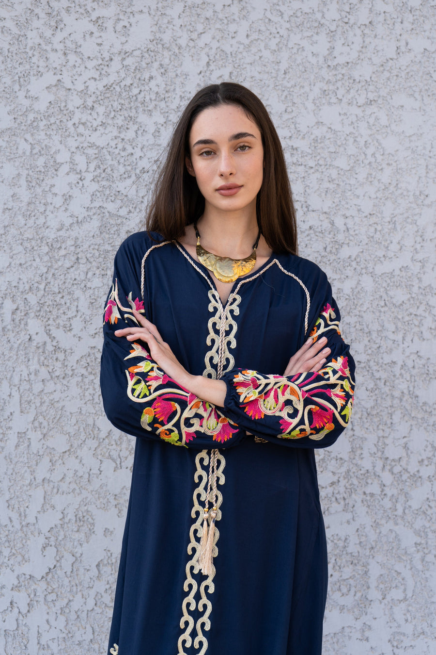Boho Navy Blue summer Kaftan, Long sleeve cotton Kaftan dress, Colorful embroidered Kaftan dress, kaftan maxi, Caftans for women, Caftans