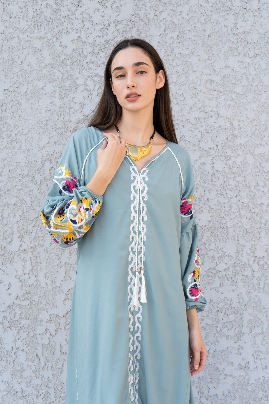Boho Mint Kaftan maxi dress, Long sleeve cotton Kaftan dress, Colorful embroidered Kaftan dress, kaftan maxi, Caftans for women, Caftans