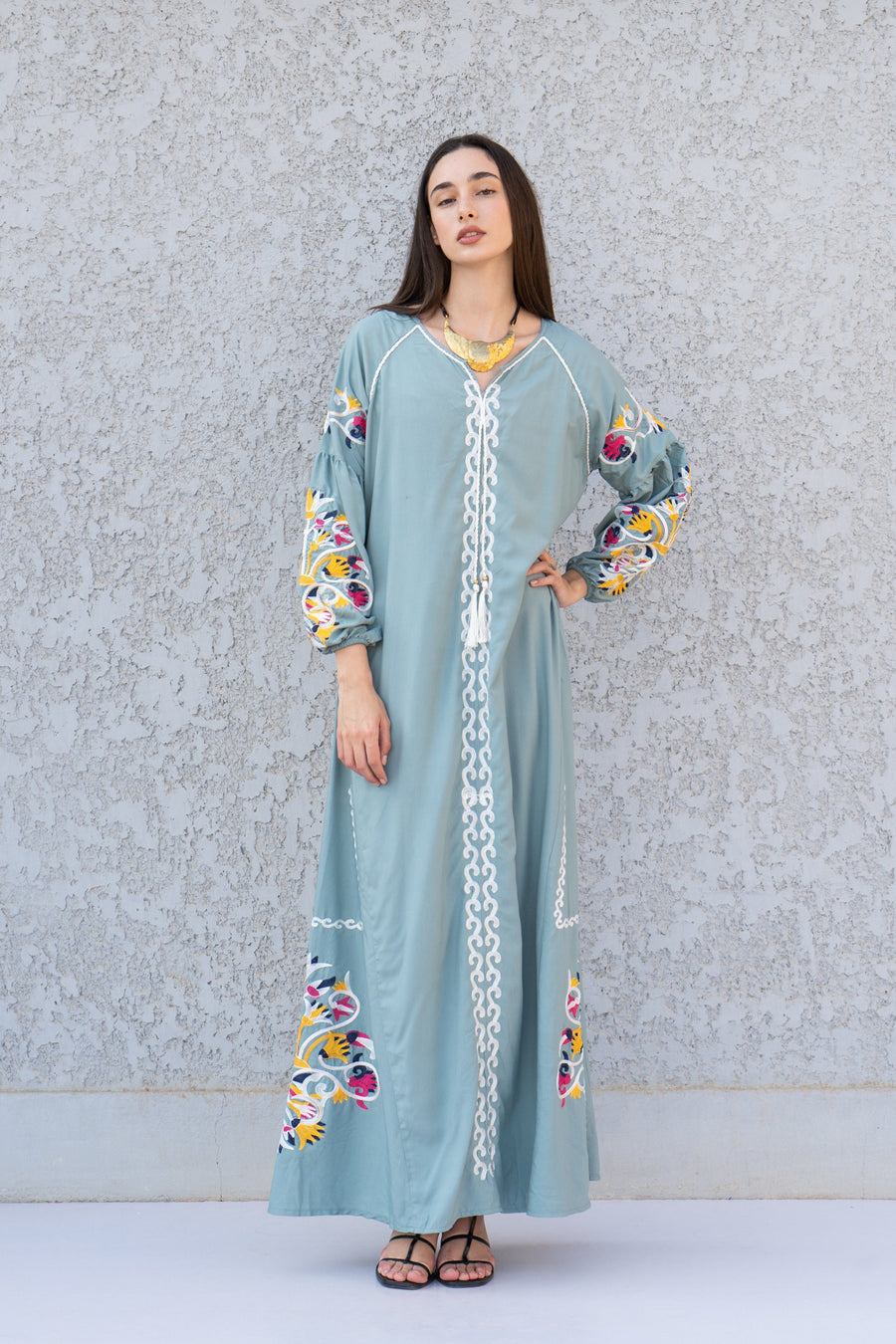 Boho Mint Kaftan maxi dress, Long sleeve cotton Kaftan dress, Colorful embroidered Kaftan dress, kaftan maxi, Caftans for women, Caftans