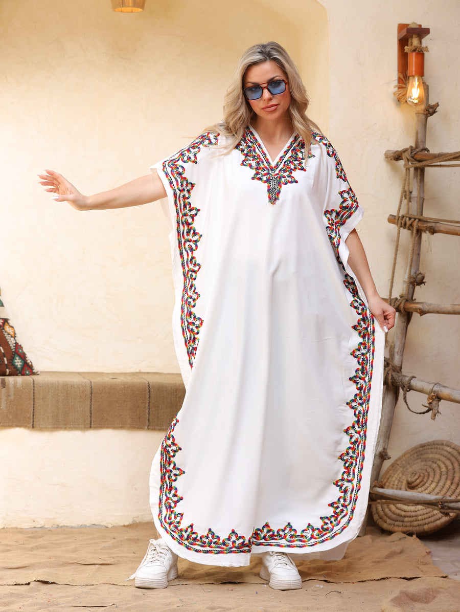 Summer white embroidered Kaftan, caftans for women, free size caftan, women's kaftan, free size Kaftan, Summer Kaftan, cotton Caftans