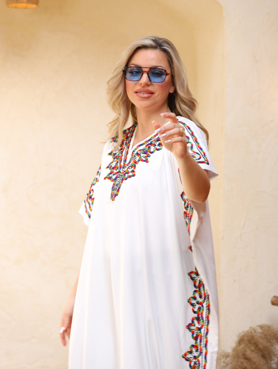 Summer white embroidered Kaftan, caftans for women, free size caftan, women's kaftan, free size Kaftan, Summer Kaftan, cotton Caftans
