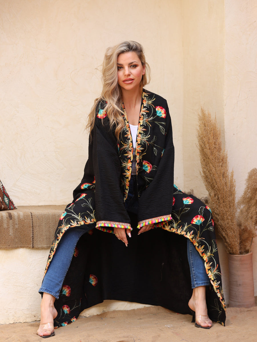 Bohemian black Linen Cardigan, Embroidered Summer Abaya, Abayas for women, Boho Kimono, Women's Duster, Boho Cardigan, Duster, Cardigan
