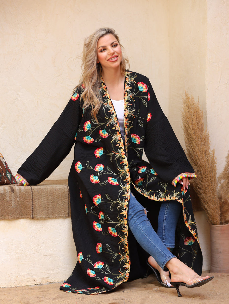 Bohemian black Linen Cardigan, Embroidered Summer Abaya, Abayas for women, Boho Kimono, Women's Duster, Boho Cardigan, Duster, Cardigan