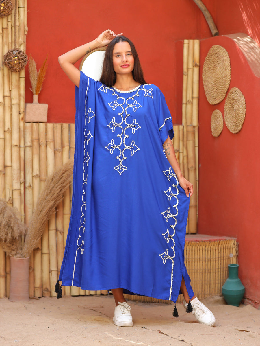 Royal blue hand embroidered women cotton caftan, women's kaftan, free size caftan, Summer Kaftan, cotton Caftans for women