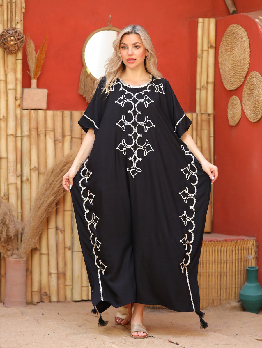 Black hand embroidered cotton caftan for women, women's kaftan, free size caftan, Summer Kaftan, cotton Caftans for women
