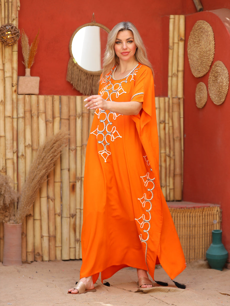 Beautiful orange hand embroidered cotton caftan for women, women's kaftan, free size caftan, Summer Kaftan, cotton Caftans for women