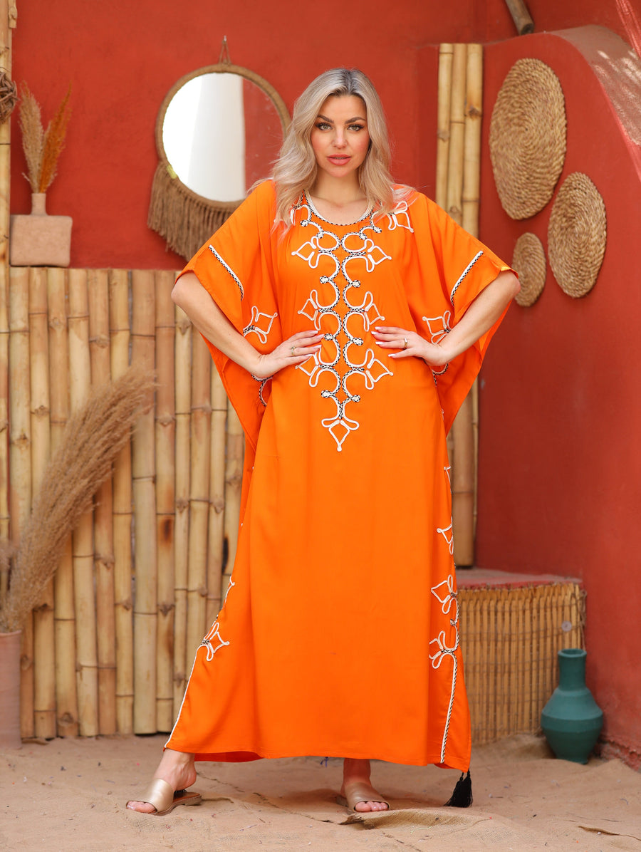 Beautiful orange hand embroidered cotton caftan for women, women's kaftan, free size caftan, Summer Kaftan, cotton Caftans for women