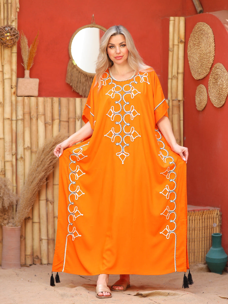 Beautiful orange hand embroidered cotton caftan for women, women's kaftan, free size caftan, Summer Kaftan, cotton Caftans for women
