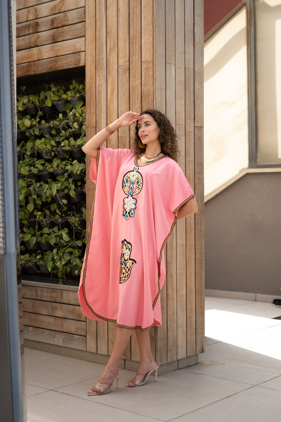Short summer pink Tunic caftan, Hamsa caftans for women, women's kaftan, free size Kaftan, Summer Kaftan, cotton Caftans