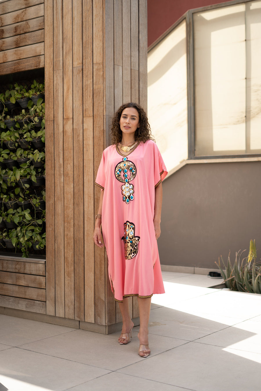 Short summer pink Tunic caftan, Hamsa caftans for women, women's kaftan, free size Kaftan, Summer Kaftan, cotton Caftans