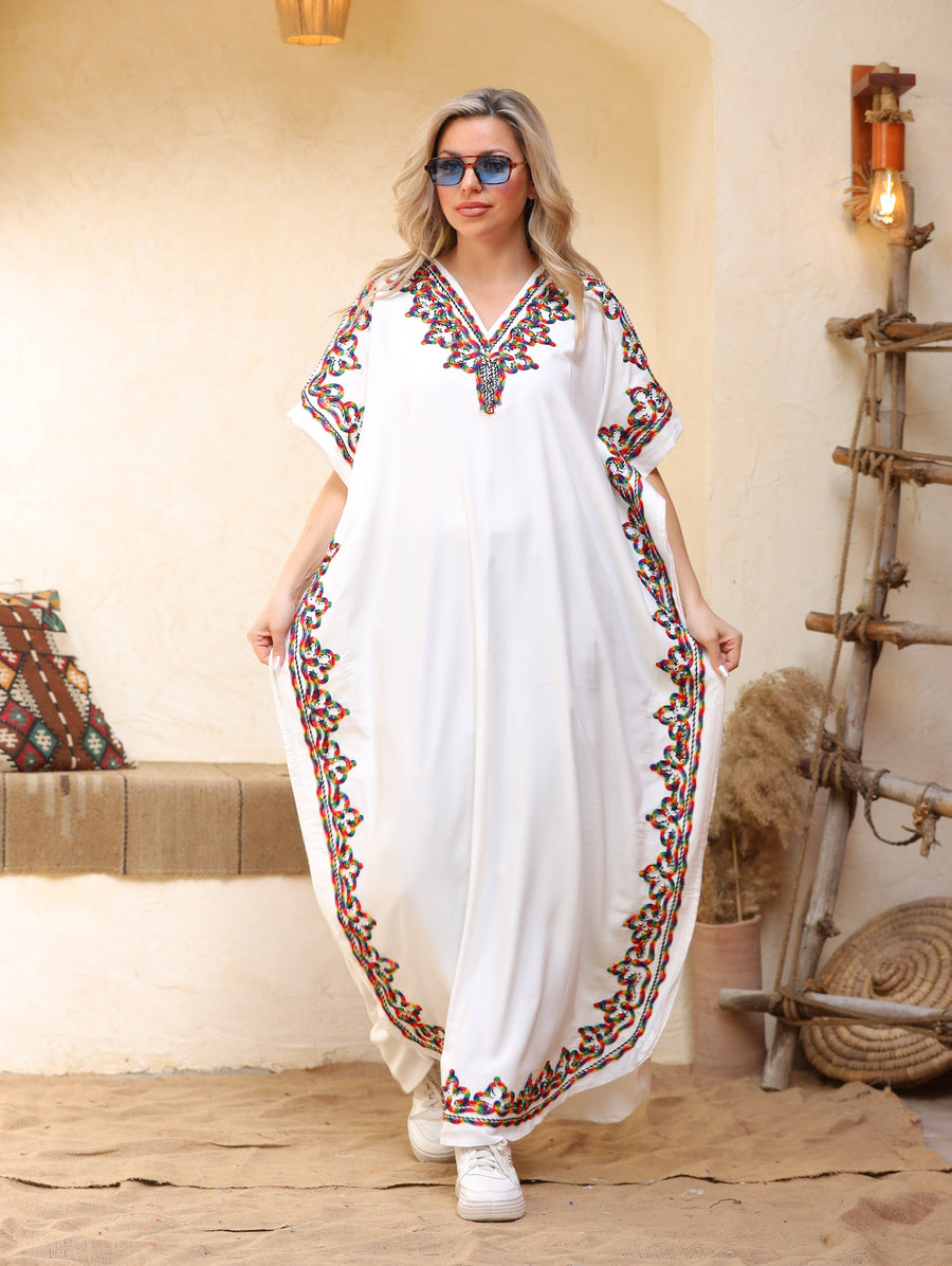 Summer white embroidered Kaftan, caftans for women, free size caftan, women's kaftan, free size Kaftan, Summer Kaftan, cotton Caftans