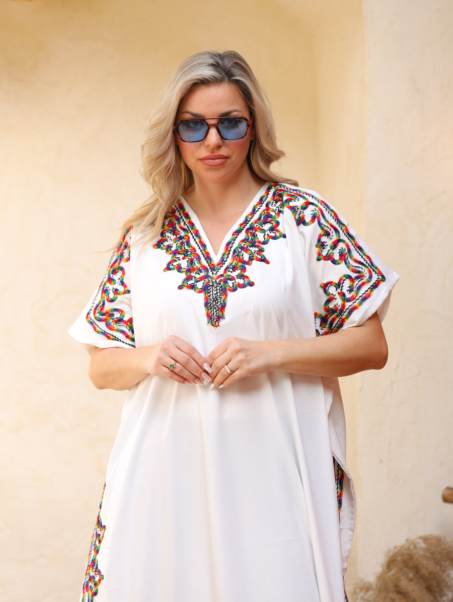 Summer white embroidered Kaftan, caftans for women, free size caftan, women's kaftan, free size Kaftan, Summer Kaftan, cotton Caftans