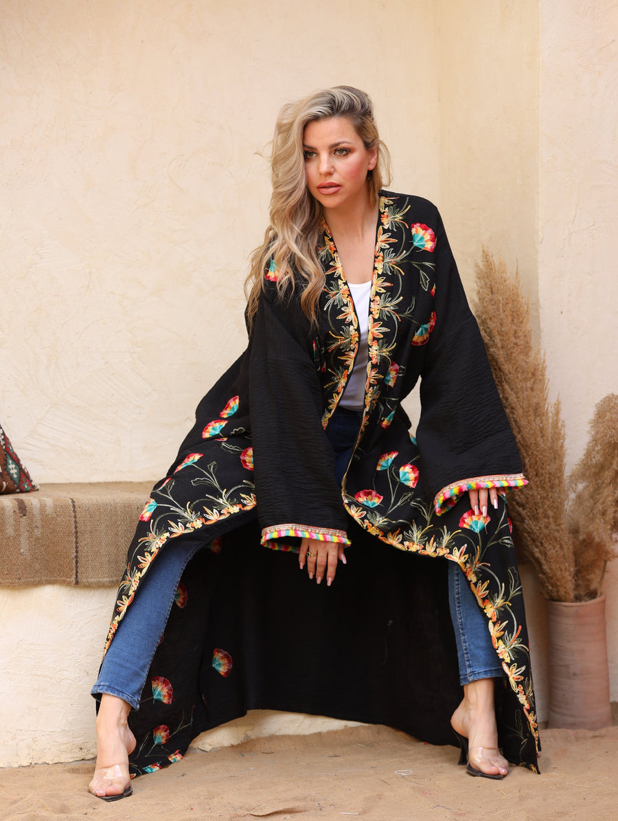 Bohemian black Linen Cardigan, Embroidered Summer Abaya, Abayas for women, Boho Kimono, Women's Duster, Boho Cardigan, Duster, Cardigan