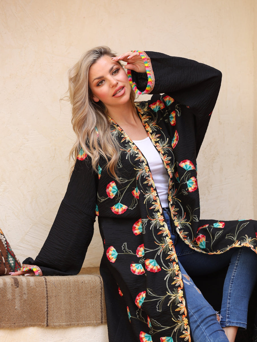Bohemian black Linen Cardigan, Embroidered Summer Abaya, Abayas for women, Boho Kimono, Women's Duster, Boho Cardigan, Duster, Cardigan