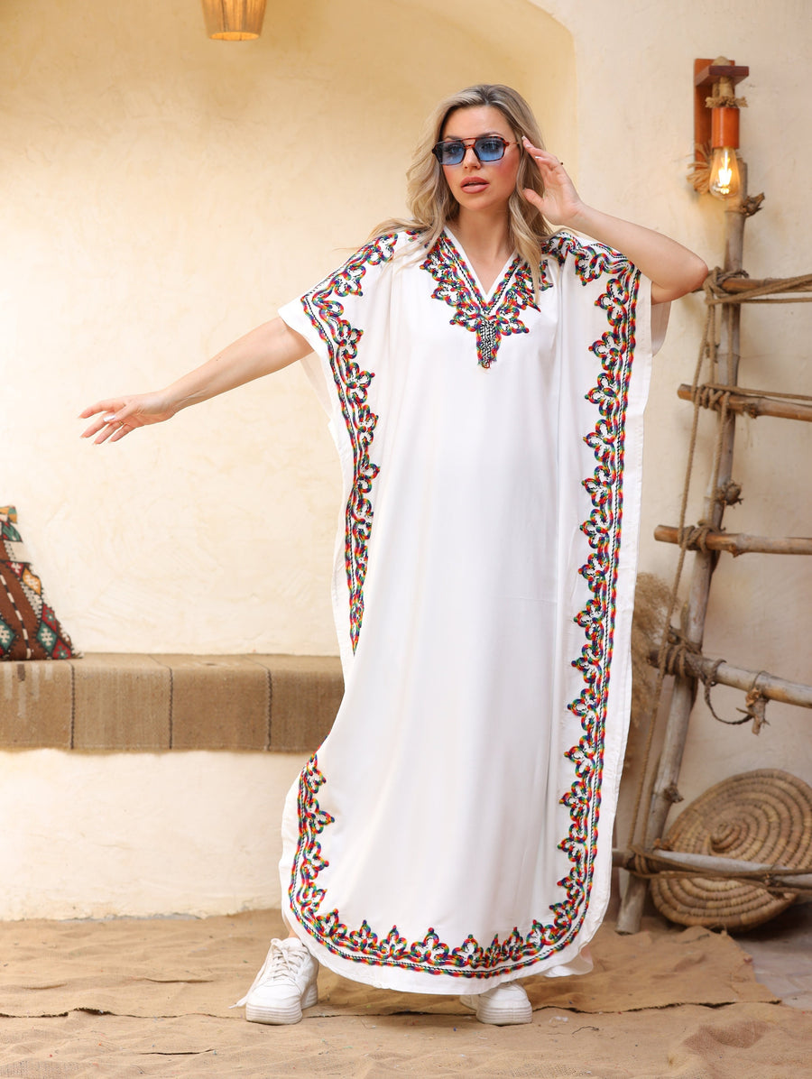 Summer white embroidered Kaftan, caftans for women, free size caftan, women's kaftan, free size Kaftan, Summer Kaftan, cotton Caftans