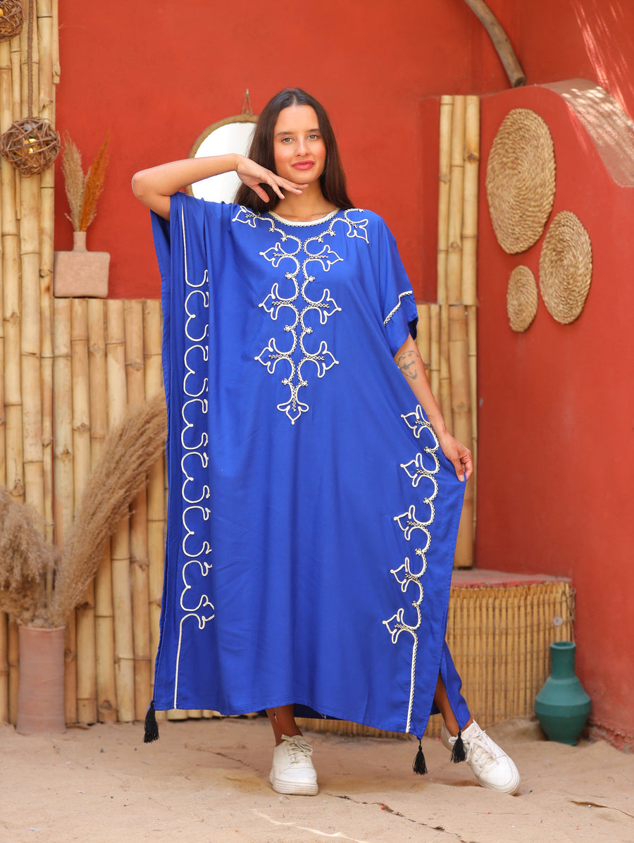 Royal blue hand embroidered women cotton caftan, women's kaftan, free size caftan, Summer Kaftan, cotton Caftans for women