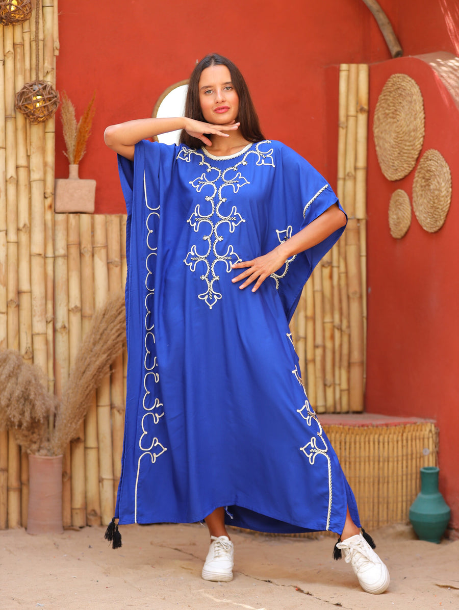 Royal blue hand embroidered women cotton caftan, women's kaftan, free size caftan, Summer Kaftan, cotton Caftans for women
