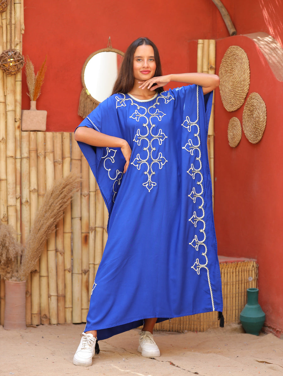 Royal blue hand embroidered women cotton caftan, women's kaftan, free size caftan, Summer Kaftan, cotton Caftans for women
