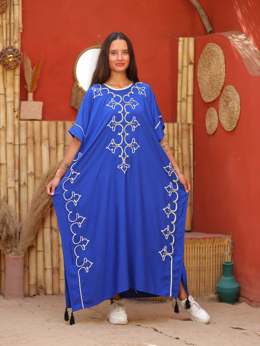 Royal blue hand embroidered women cotton caftan, women's kaftan, free size caftan, Summer Kaftan, cotton Caftans for women