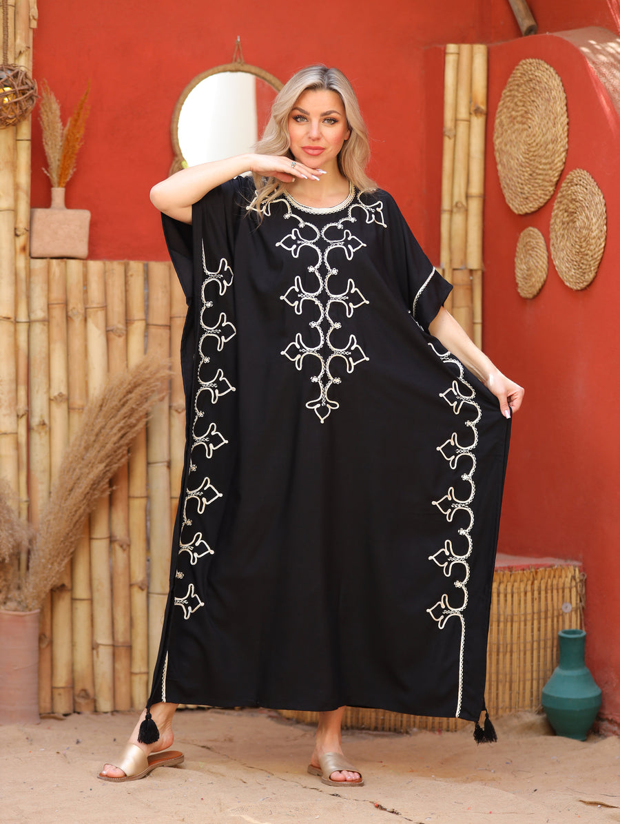Black hand embroidered cotton caftan for women, women's kaftan, free size caftan, Summer Kaftan, cotton Caftans for women