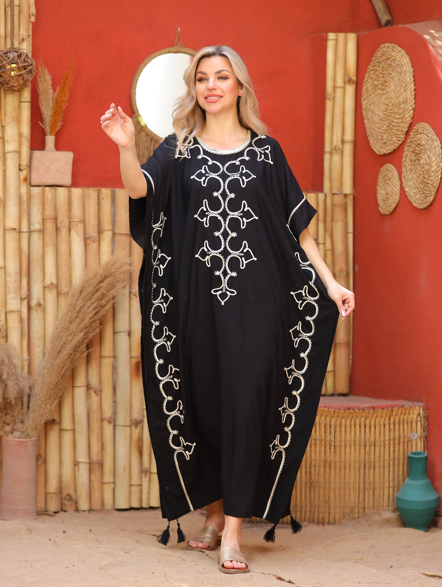 Black hand embroidered cotton caftan for women, women's kaftan, free size caftan, Summer Kaftan, cotton Caftans for women