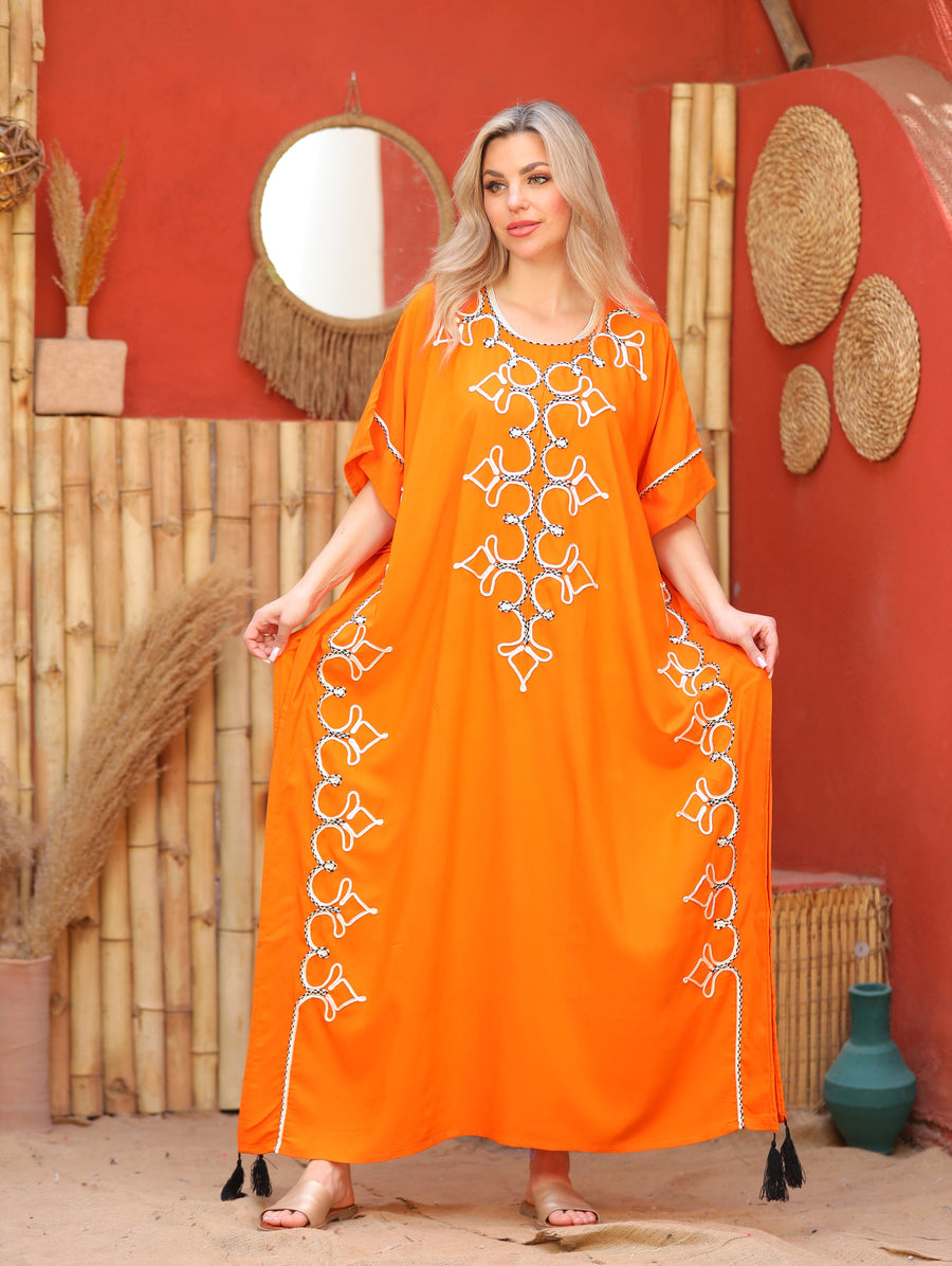 Beautiful orange hand embroidered cotton caftan for women, women's kaftan, free size caftan, Summer Kaftan, cotton Caftans for women