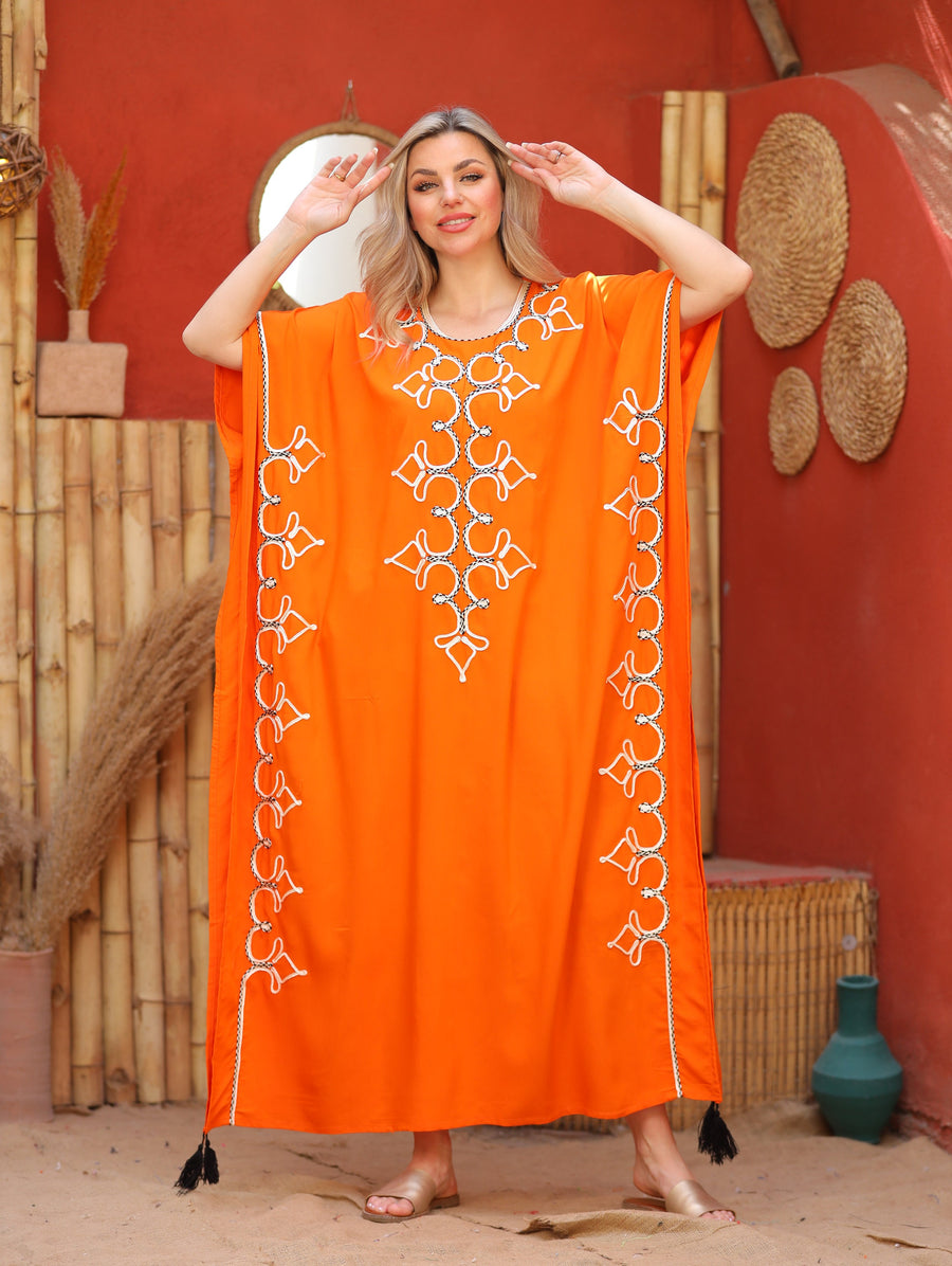 Beautiful orange hand embroidered cotton caftan for women, women's kaftan, free size caftan, Summer Kaftan, cotton Caftans for women